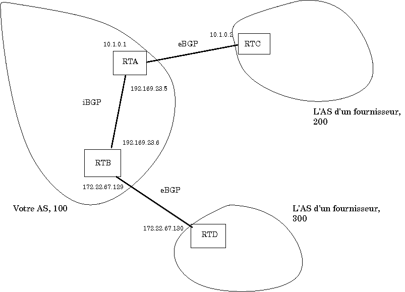 Deux routeurs dans l'AS 100, chacun connecté à un fournisseur différent, les AS 200 et 300.